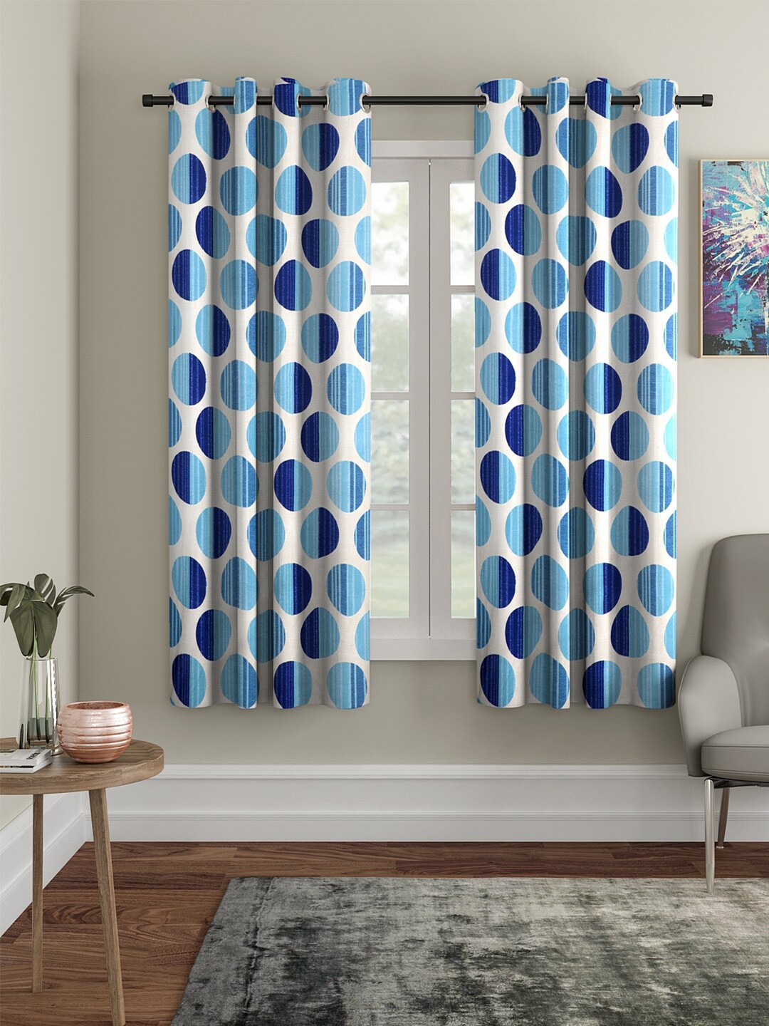 Cortina Blue & White 2 Pieces Geometric Window Curtains