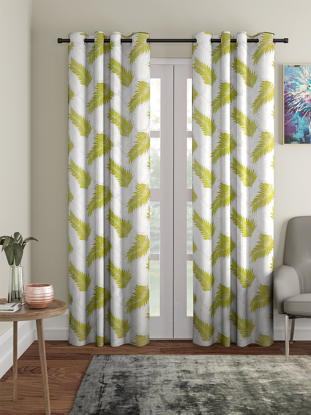 Cortina Olive Green & White 2 Pieces Leaf Printed Door Curtains