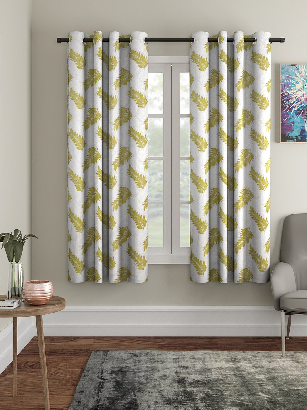 Cortina Olive Green & White 2 Pieces Leaves Printed Window Curtains