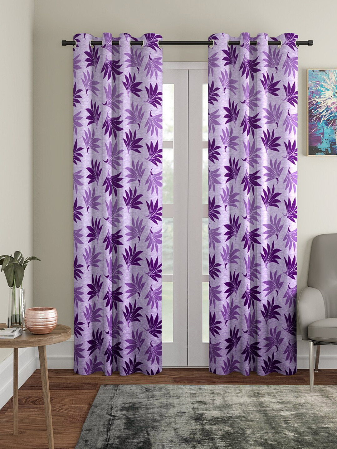 Cortina Purple 2 Pieces Leaf Printed Door Curtains