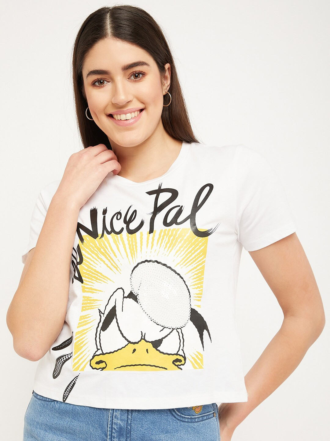 Madame Donald Duck Printed Round Neck Short Sleeves Cotton T-shirt