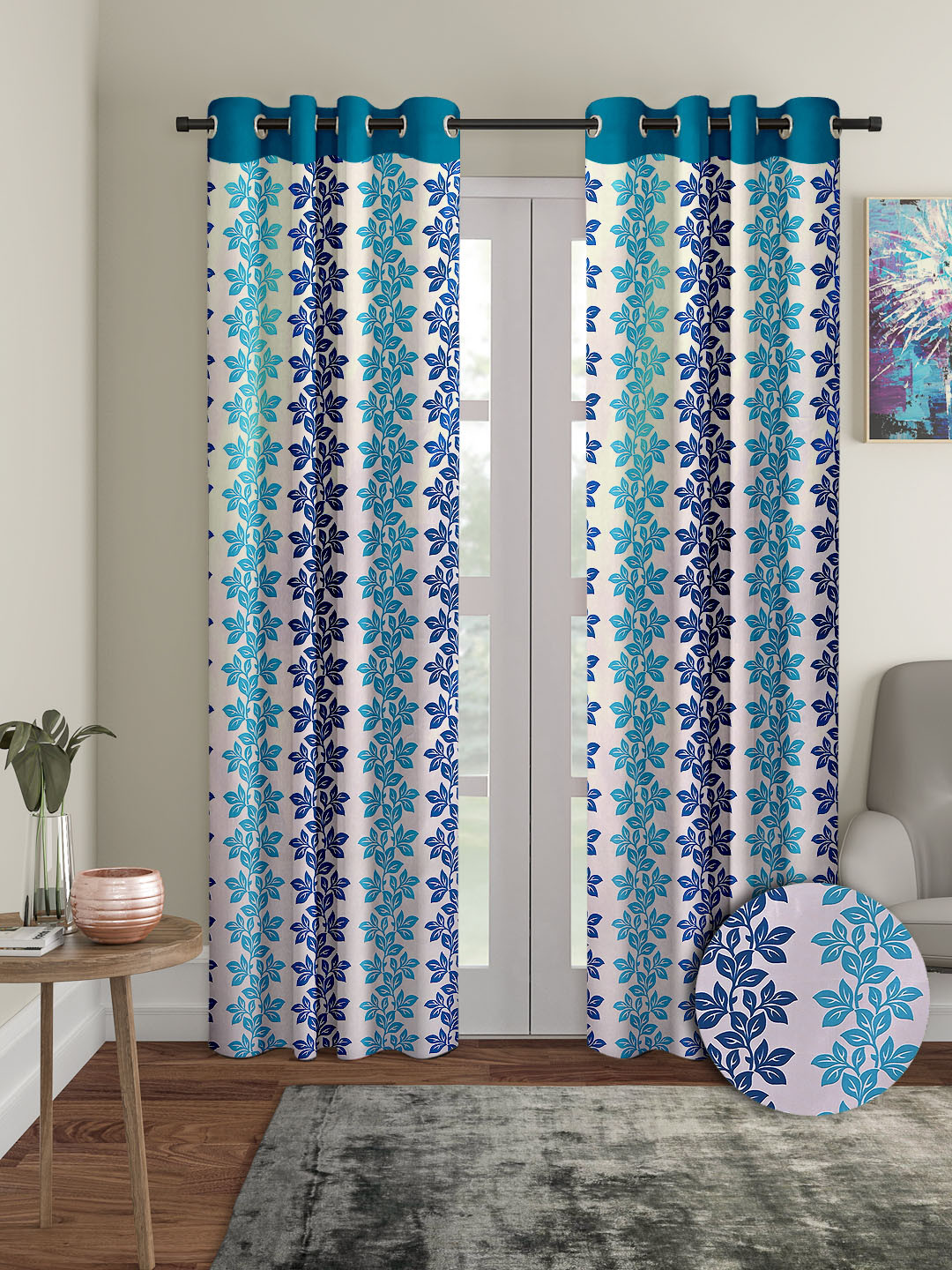 Cortina Blue & White 2 Pieces Floral Printed Door Curtains