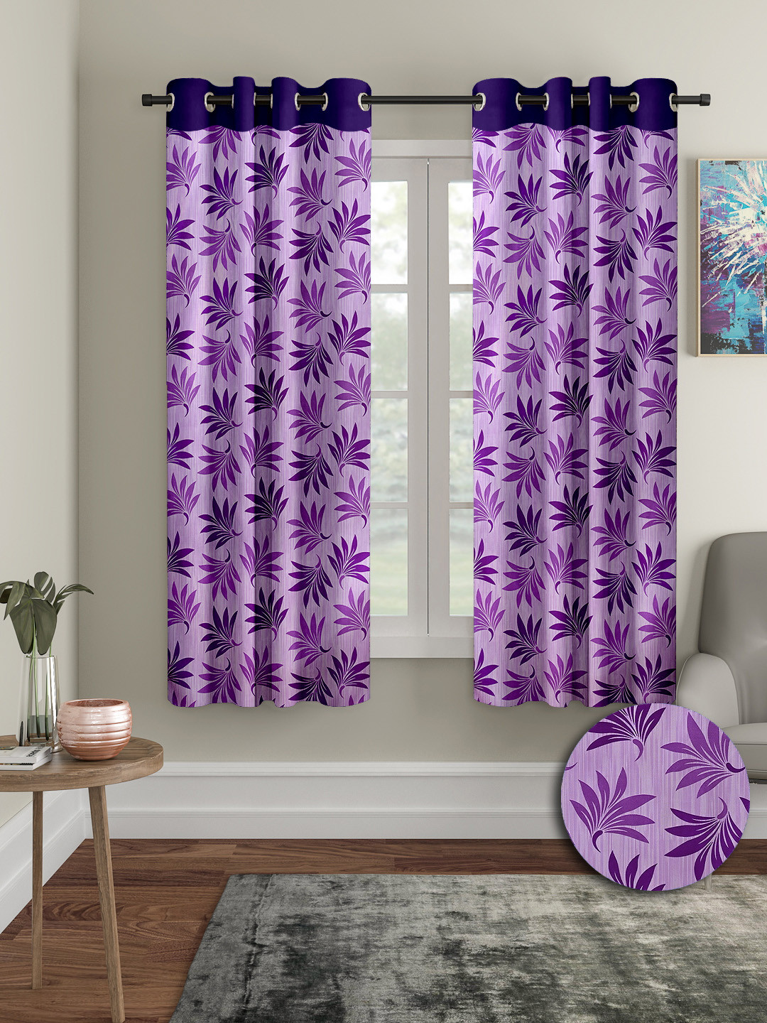 Cortina Purple 2 Pieces Leaf Printed Window Curtains