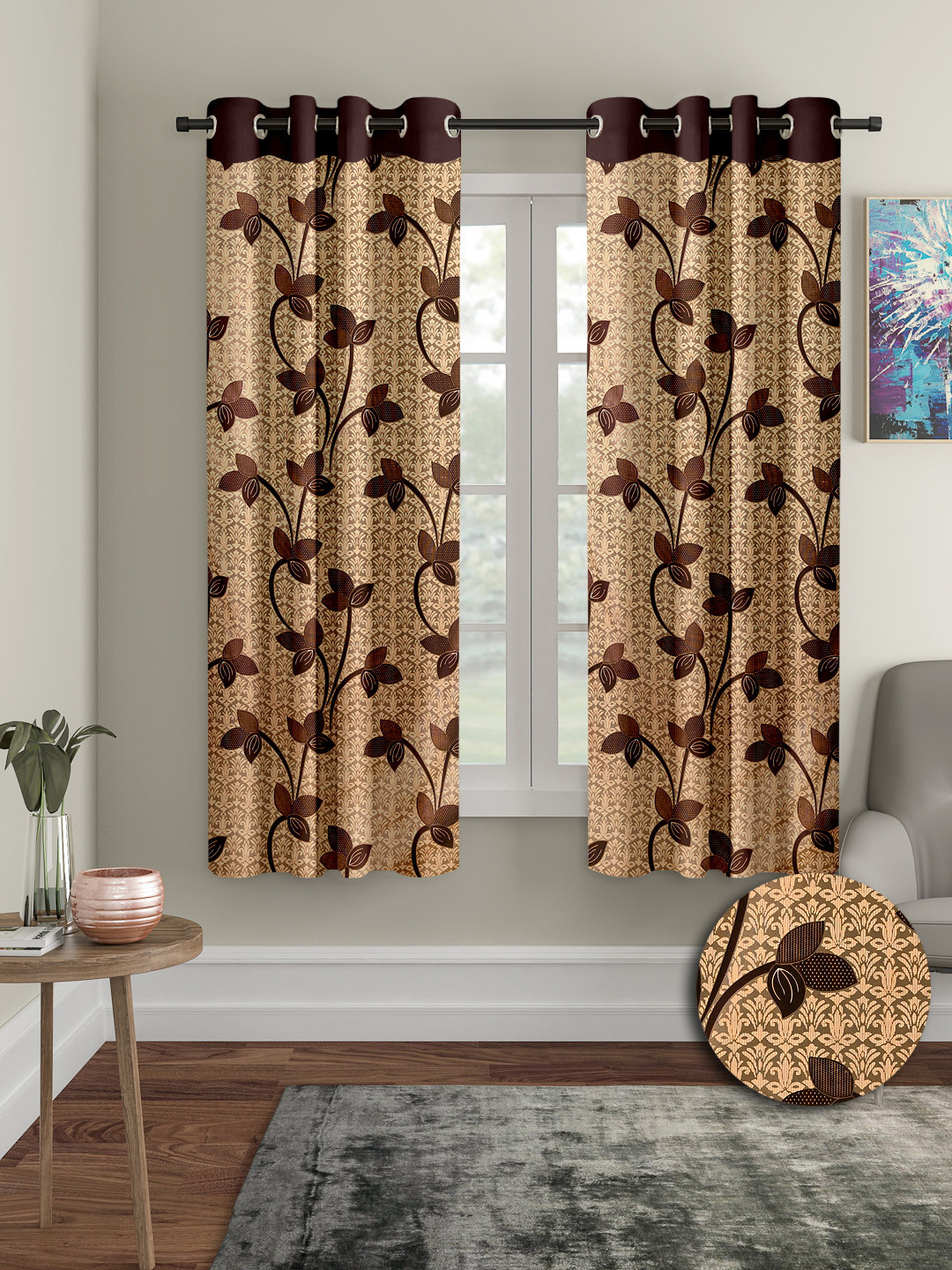 Cortina Beige & Brown 2 Pieces Leaf Printed Window Curtains
