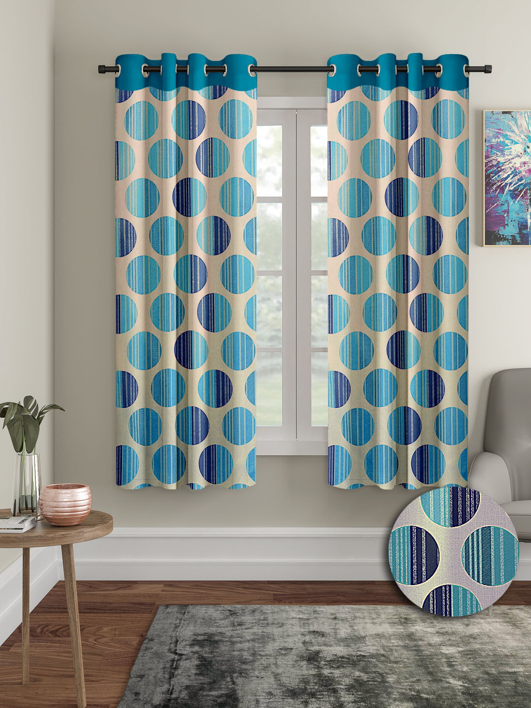 Cortina Blue & Off White2 Pieces Geometric Printed Window Curtains
