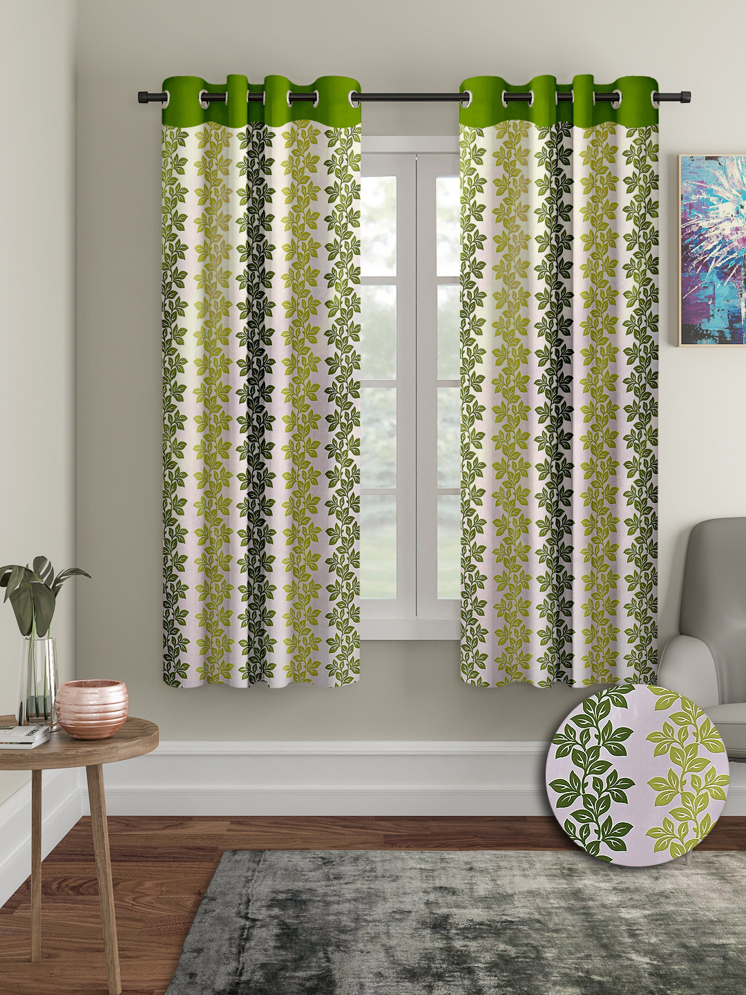 Cortina Olive Green & White 2 Pieces Leaf Printed Window Curtains
