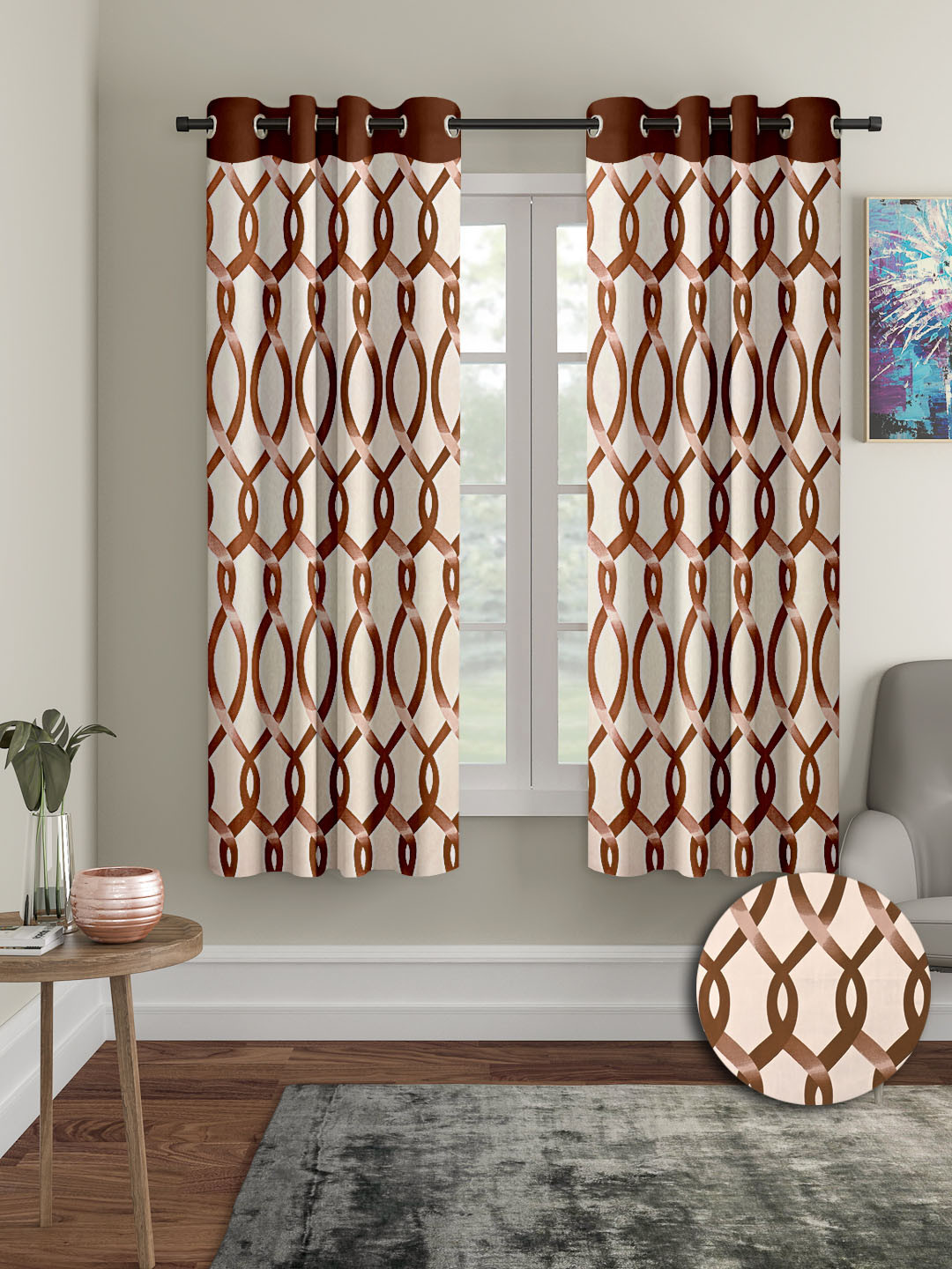 Cortina Brown & White 2 Pieces Abstract Printed Window Curtains
