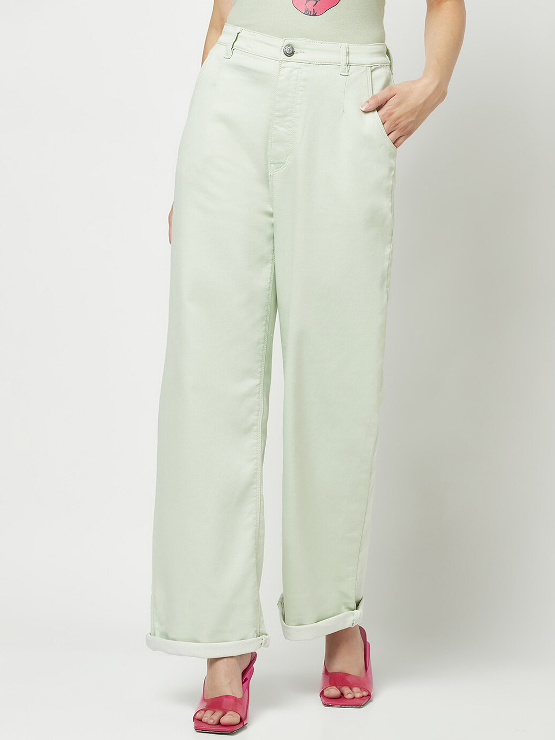 Crimsoune Club Women Straight Fit Mid Rise Stretchable Wide Leg Jeans