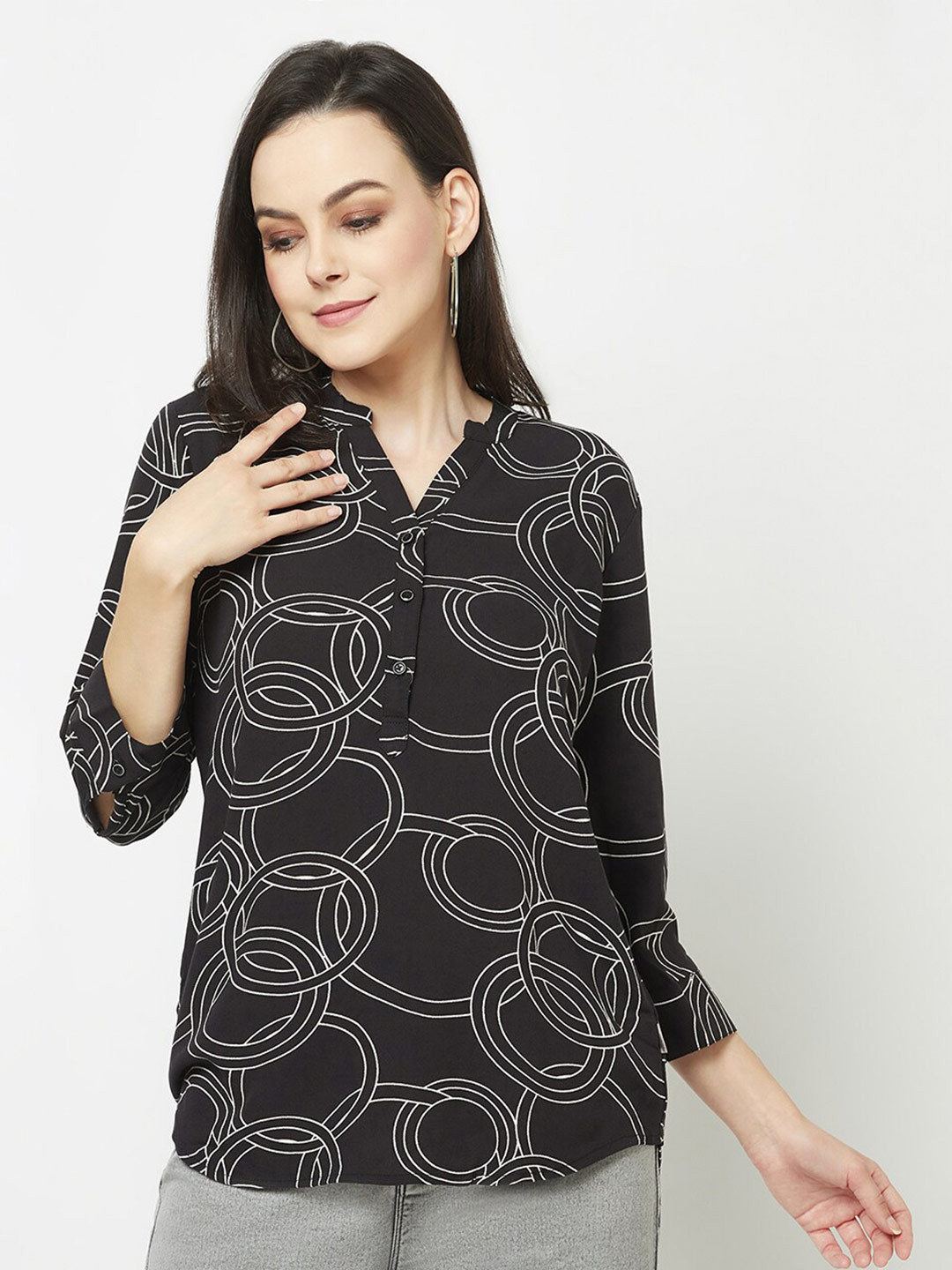 Crimsoune Club Print Mandarin Collar Roll-Up Sleeves Shirt Style Top