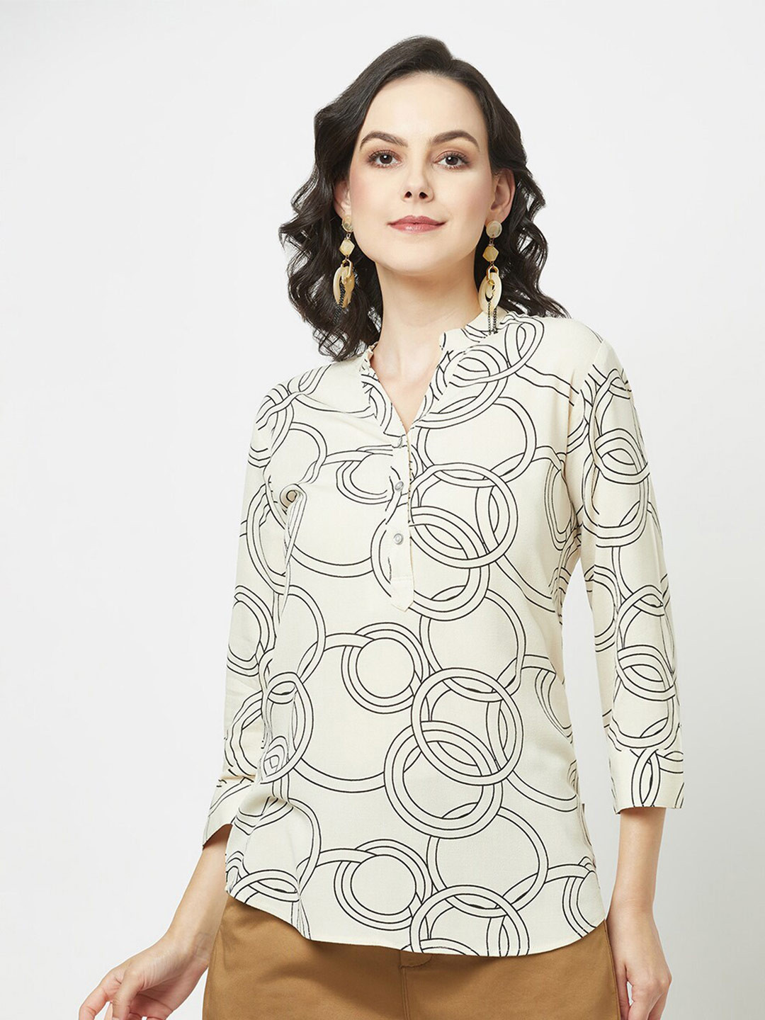 Crimsoune Club Geometric Print Mandarin Collar Top