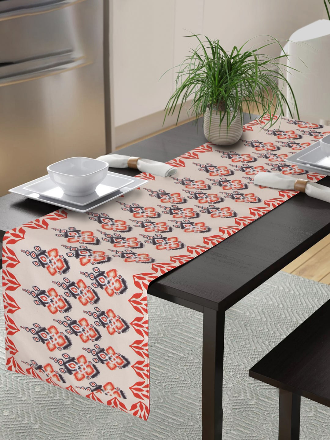 Alina decor Beige & Orange-Colored Printed Table Runner