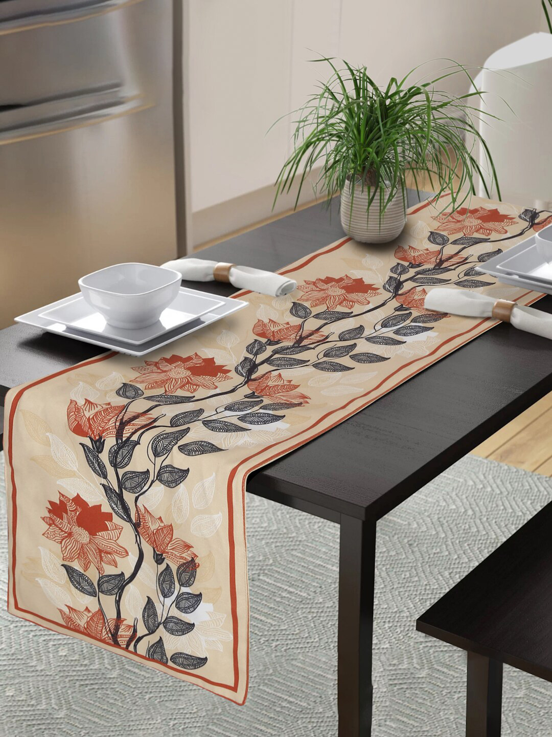 Alina decor Beige & Orange-Colored Floral Printed Table Runner
