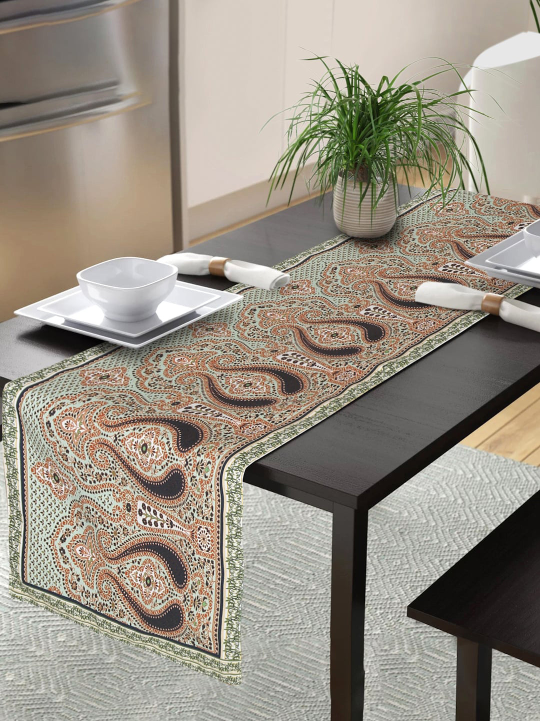 Alina decor Orange-Colored & Green Ethnic Motif Printed Table Runner