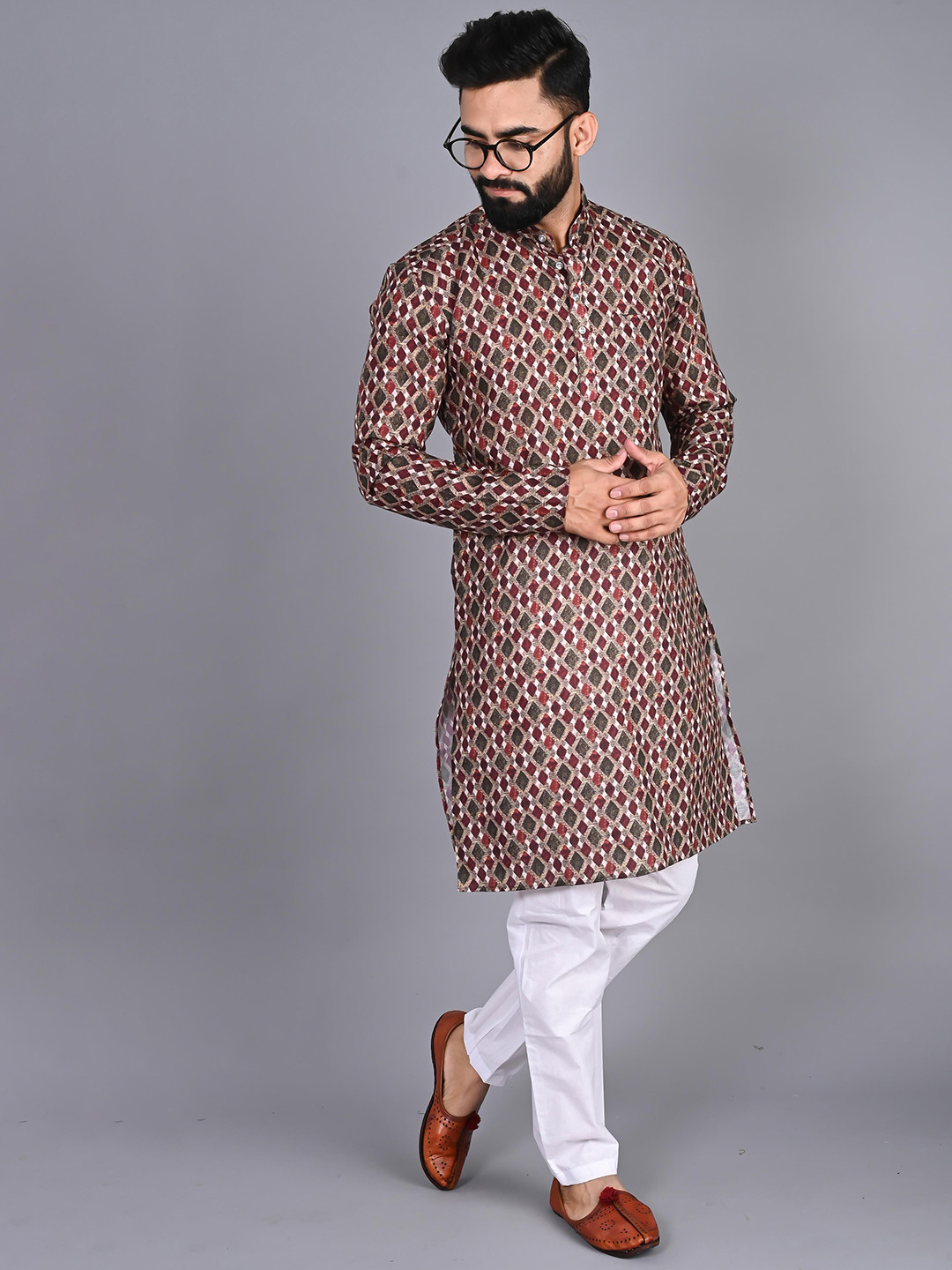 FUBAR Geomentric Printed Mandarin Collar Straight Pure Cotton Kurta