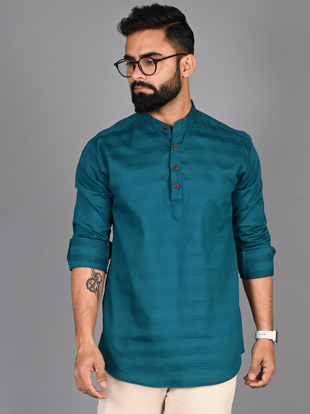 FUBAR Striped Band Collar Long Sleeves Cotton Shirt