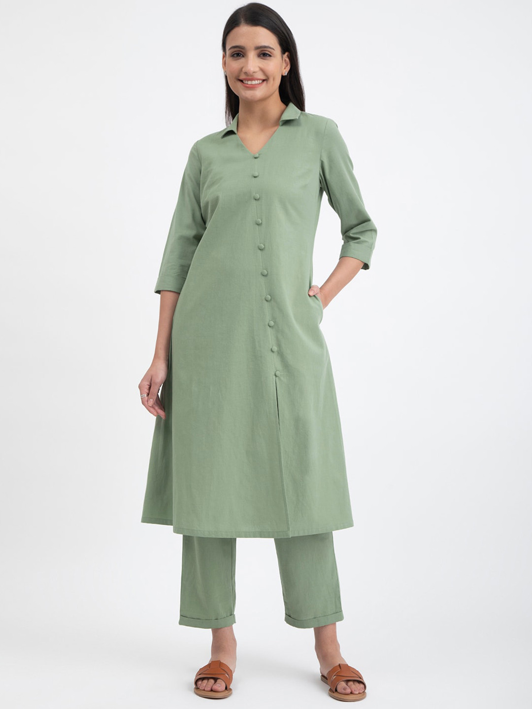 Pink Fort Shirt Collar Pure Cotton A-line Kurta With Trousers
