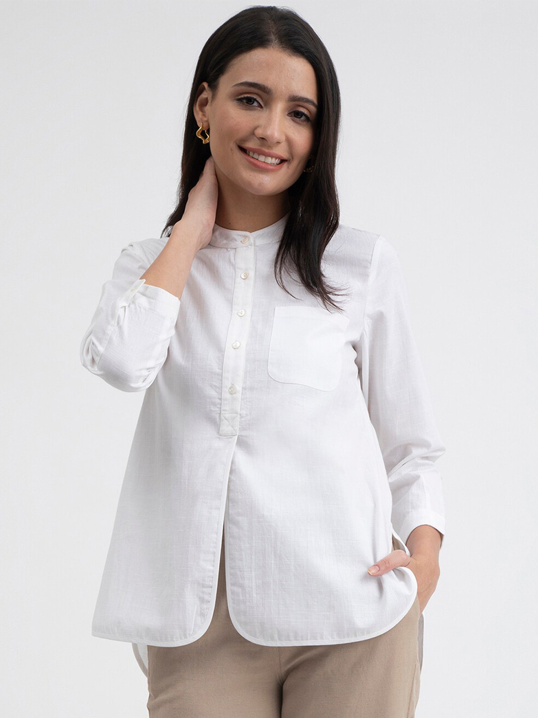 Pink Fort Band Collar Shirt Style Top