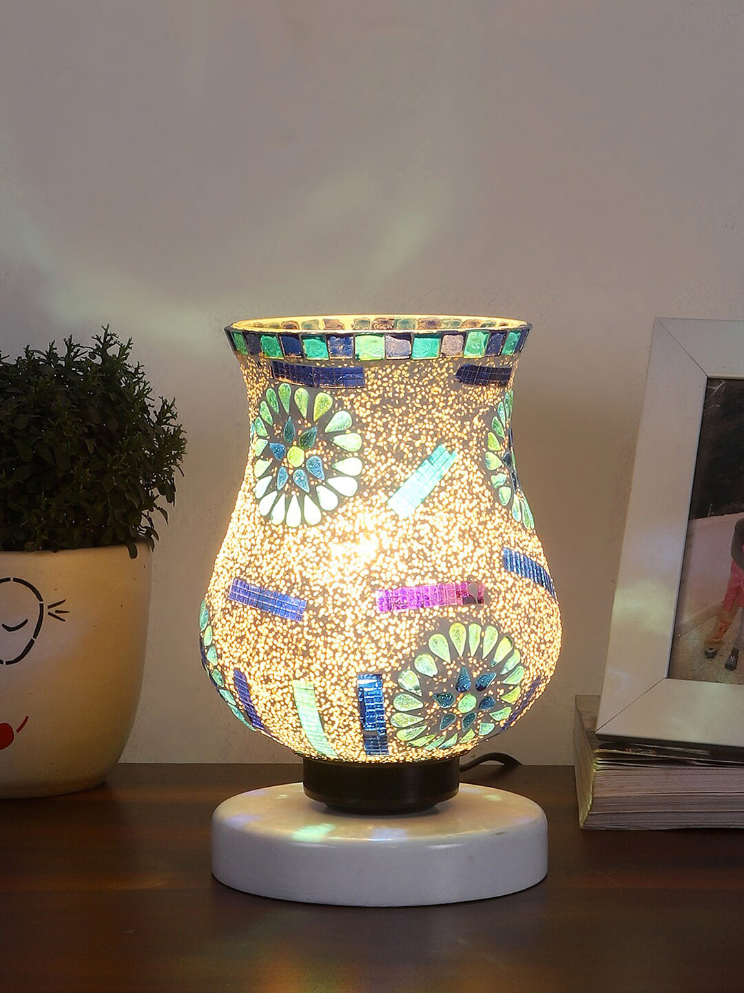 Devansh White & Blue Printed Wooden Round Table Lamp With Mosaic Glass