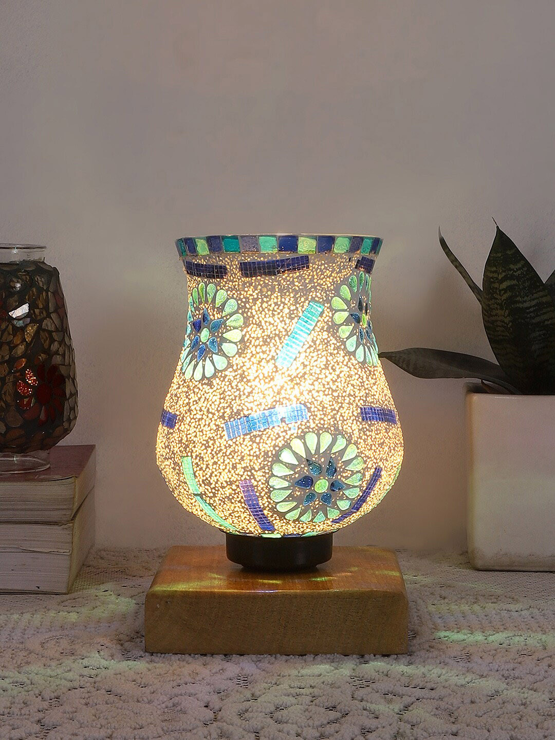 Devansh White & Blue Mosaic Design Square Shaped Wooden Table Lamp With Glass Shade