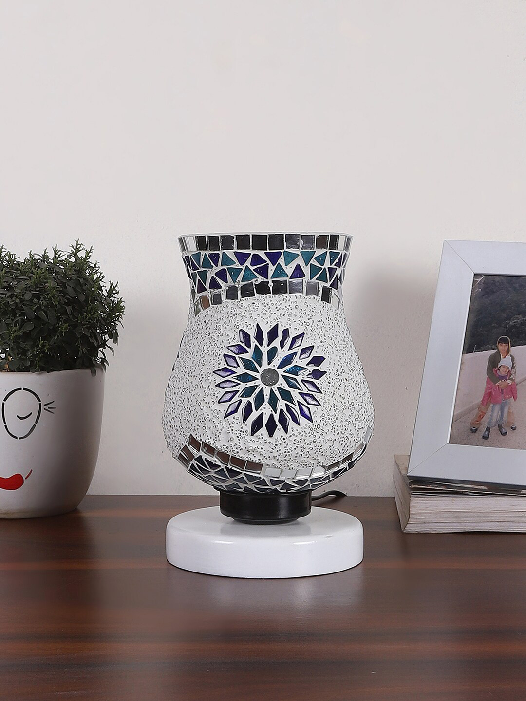 Devansh White & Blue Mosaic Design Glass Shade Table Lamp