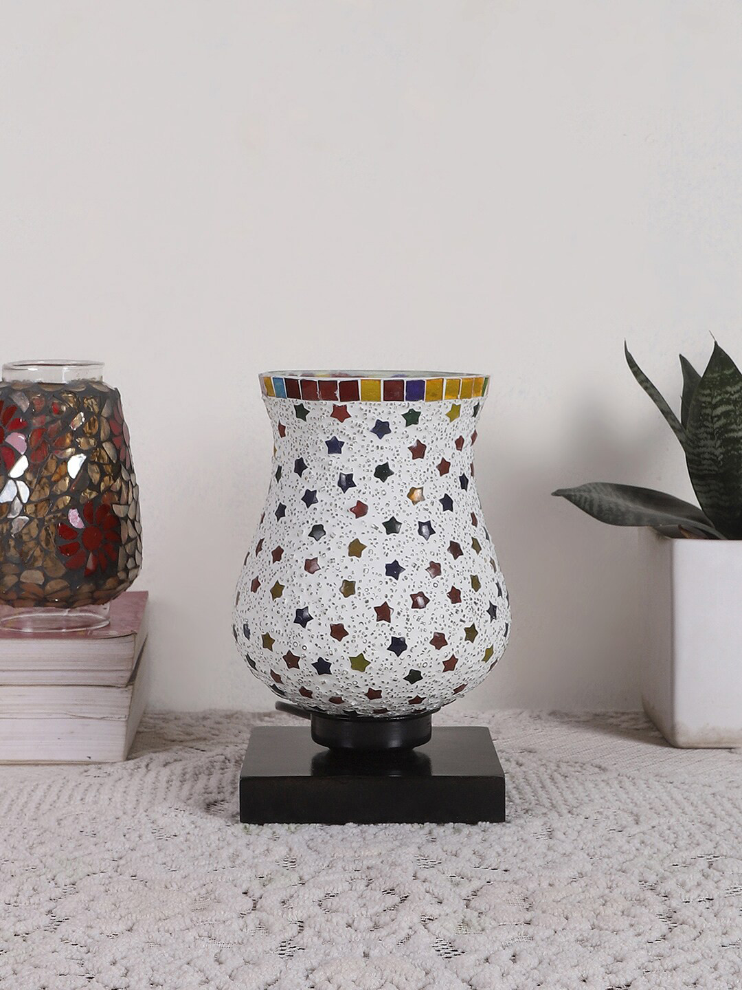 Devansh White & Red Mosaic Design Glass Shade Table Lamp
