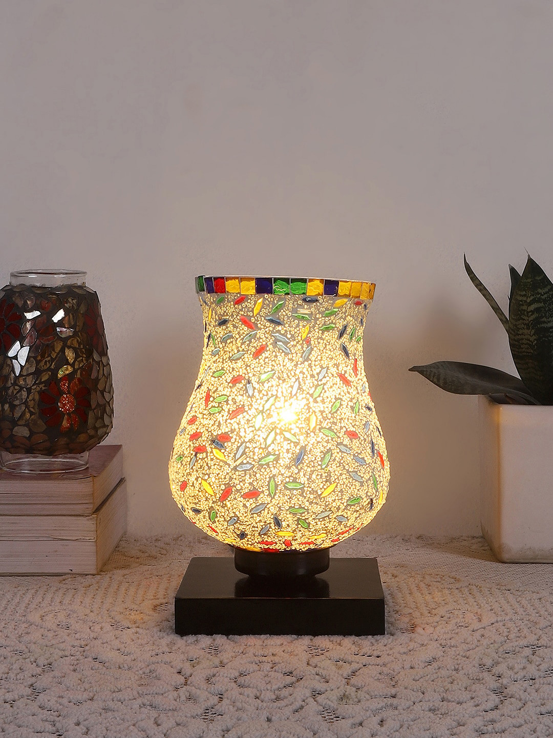 Devansh White & Blue Printed Wooden Square Table Lamp With Mosaic Glass