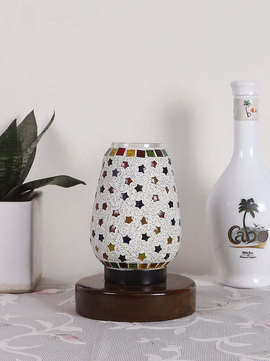 Devansh White & Brown Printed Wooden Round Table Lamp With Mosaic Glass