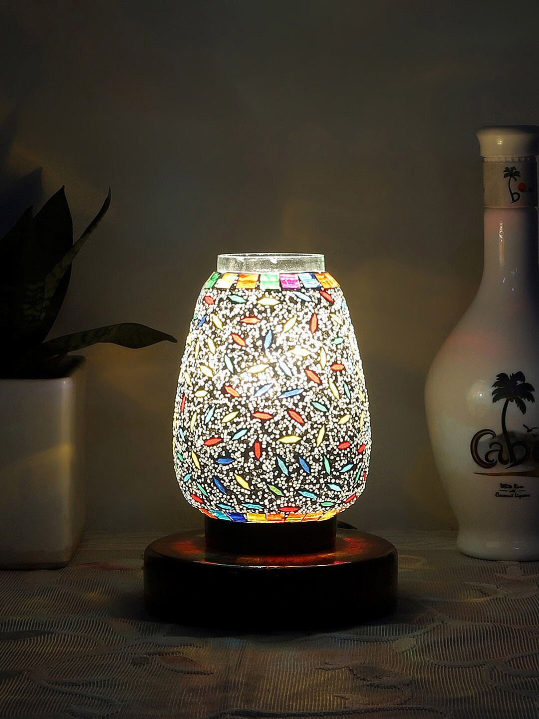 Devansh White & Brown Printed Wooden Square Table Lamp With Mosaic Glass
