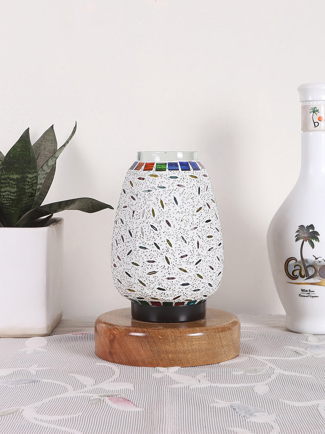 Devansh White & Red Printed Wooden Round Table Lamp With Mosaic Glass