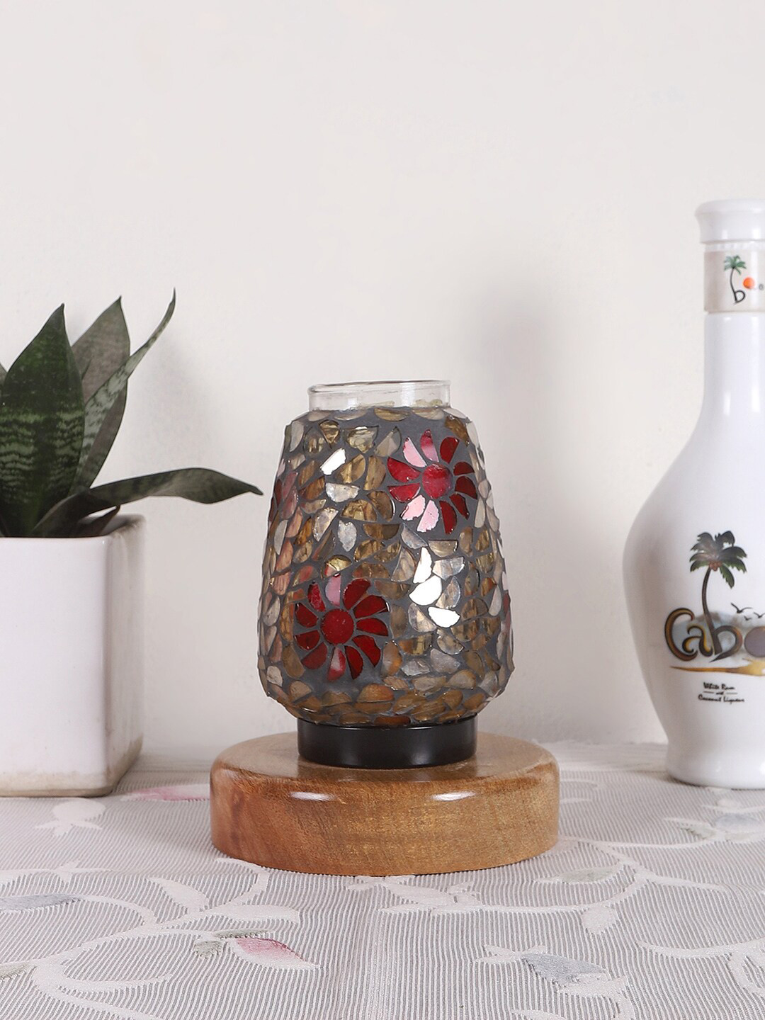 Devansh Grey & Red Printed Wooden Round Table Lamp With Mosaic Glass