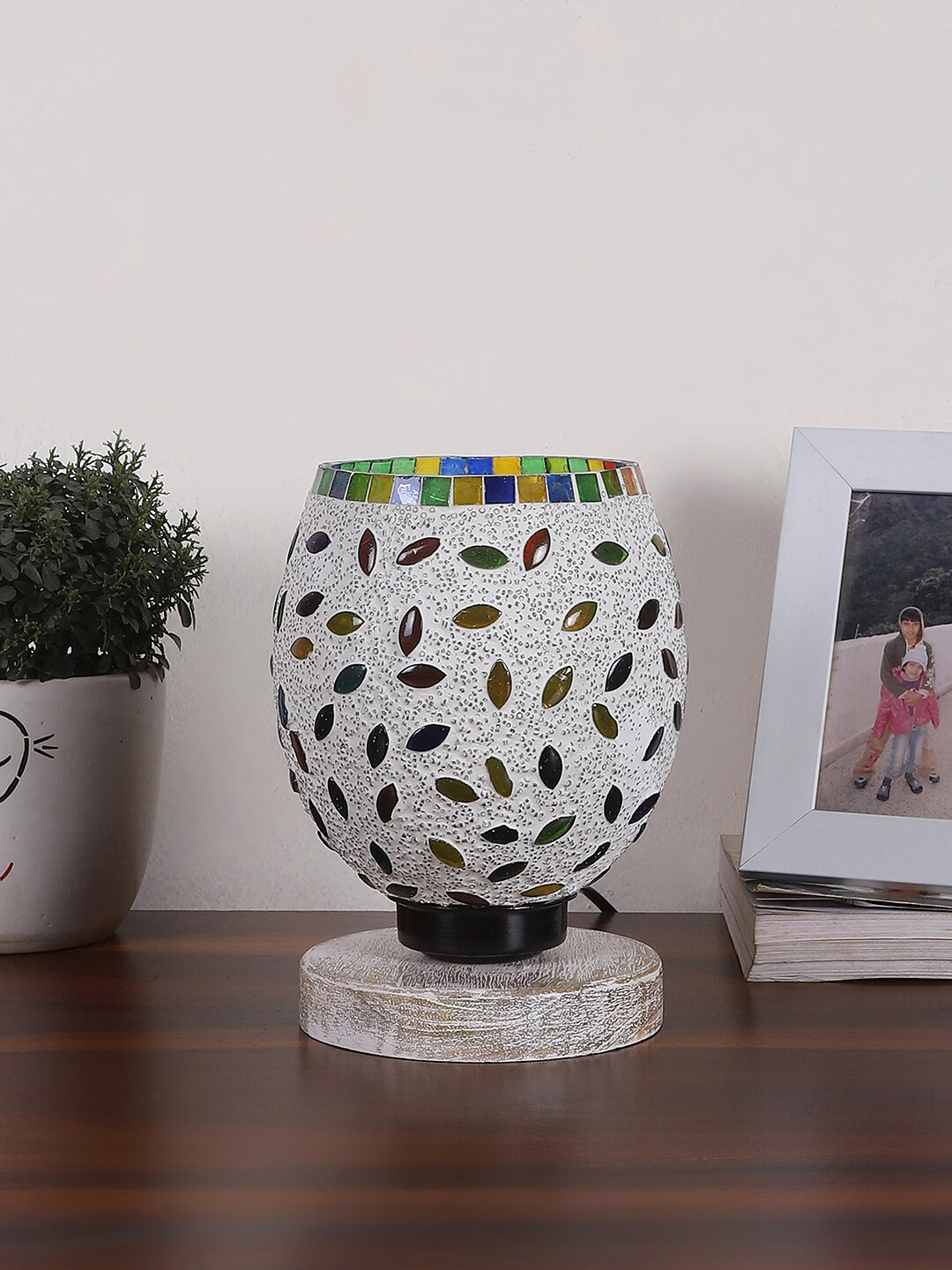 Devansh White & Red Printed Wooden Round Table Lamp With Mosaic Glass