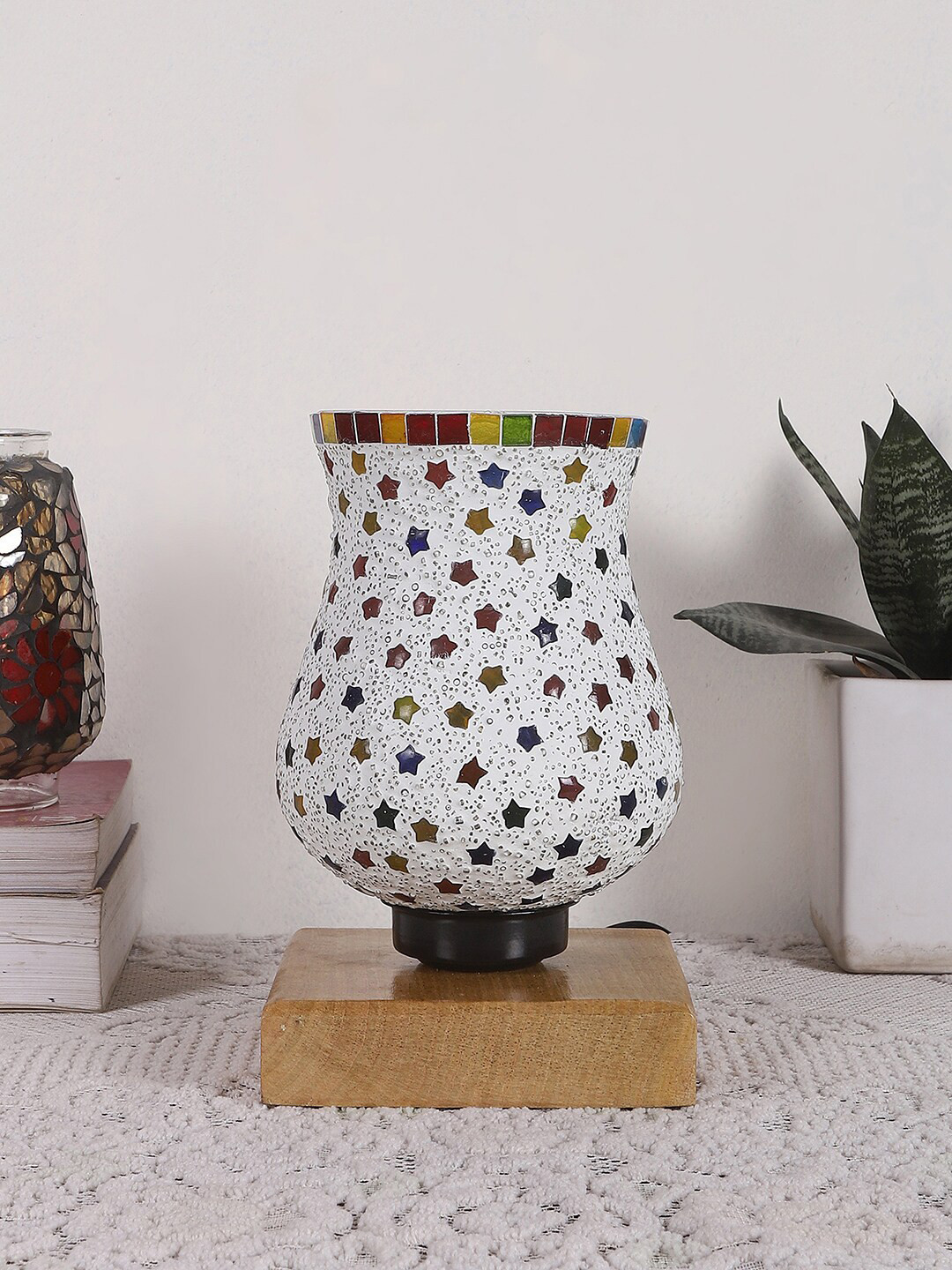 Devansh White & Yellow Mosaic Design Square Shaped Wooden Table Lamp With Glass Shade