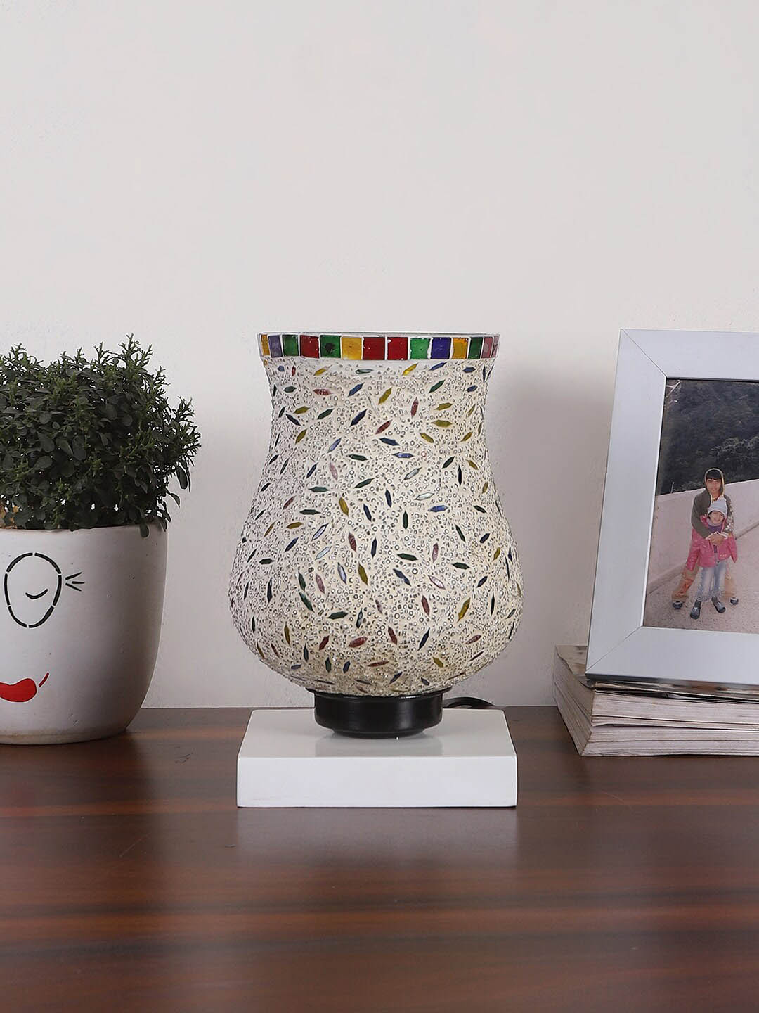 Devansh White & Red Square Shaped Wooden Table Lamp With Mosaic Design Glass Shade