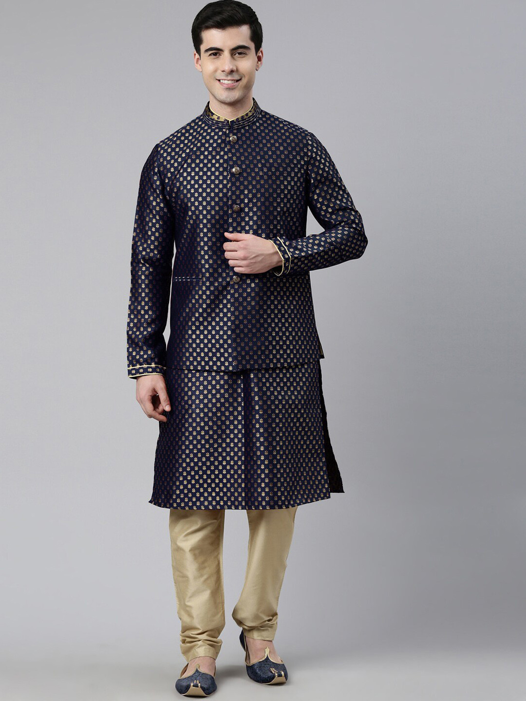 TheEthnic.Co Ethnic Motifs Woven Design Regular Kurta With Churidar & Nehru Jacket
