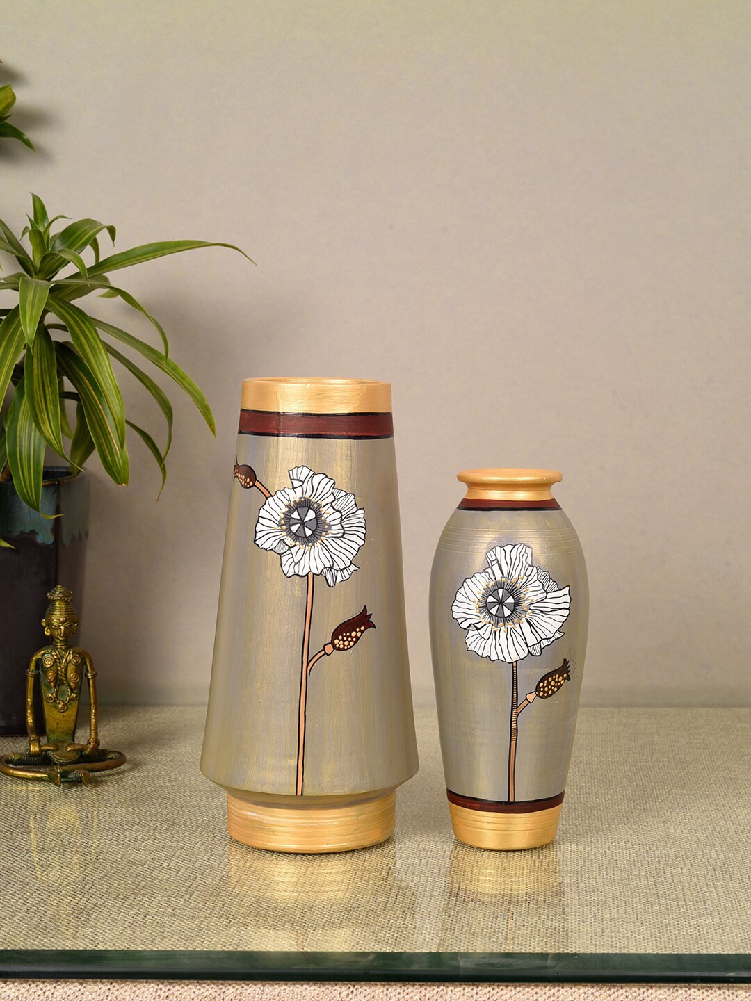 AAKRITI ART CREATIONS Grey & Gold Toned 2 Pieces Printed Terracotta Cone Vase