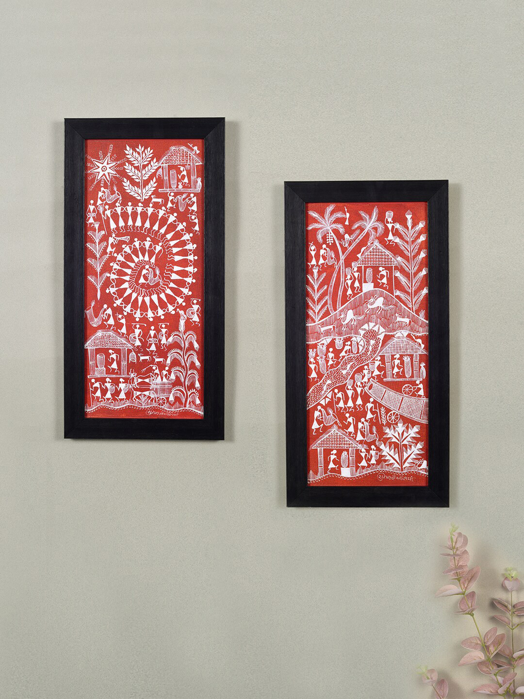AAKRITI ART CREATIONS Red & White 2 Pieces Gerua Warli Village  Painting Wall Art
