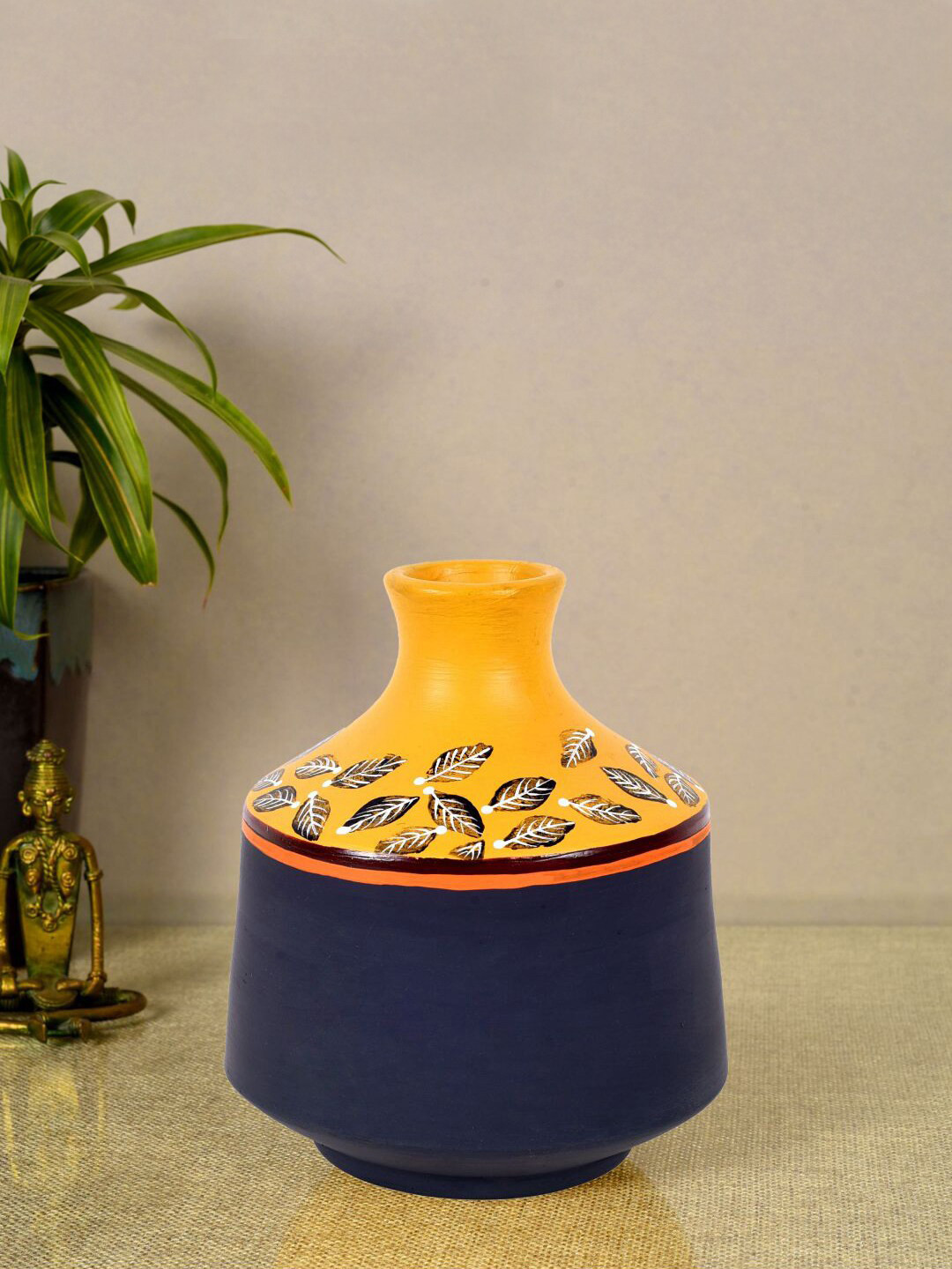 AAKRITI ART CREATIONS Midnight Sunflower Blue & Yellow Printed Terracotta Cone Vase