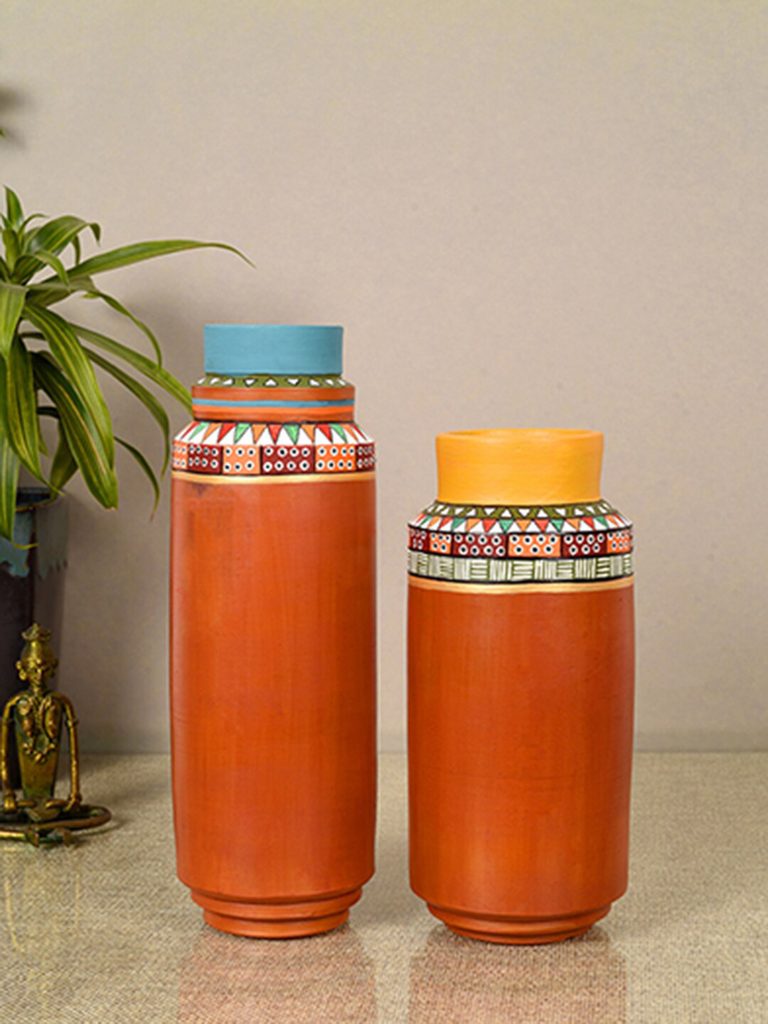 AAKRITI ART CREATIONS Sunset Glow 2-Pieces Red & Blue Printed Terracotta Vases