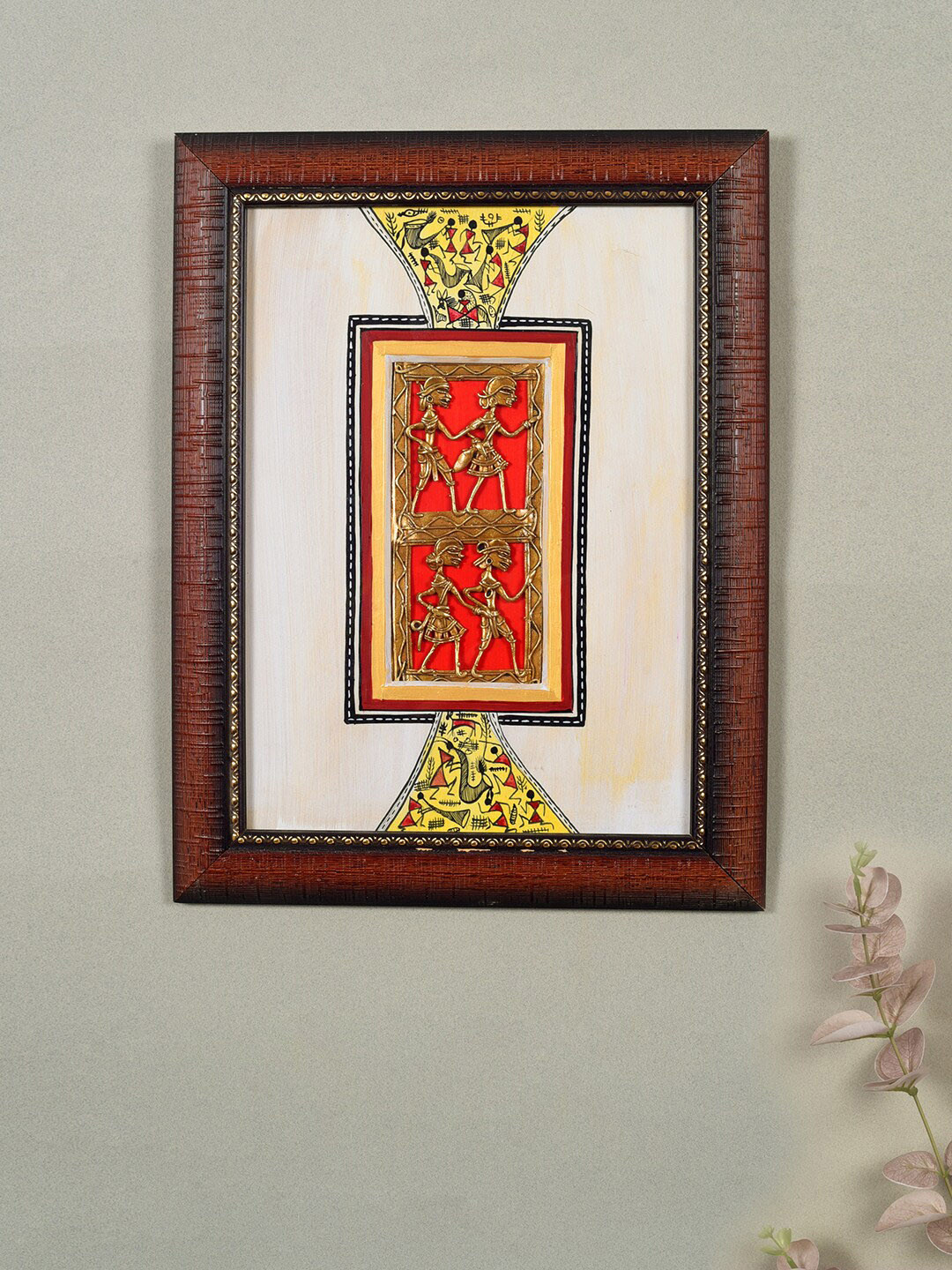 AAKRITI ART CREATIONS Red & Beige Artistic Fusion Dhokra Warli Framed Paintings Wall Art