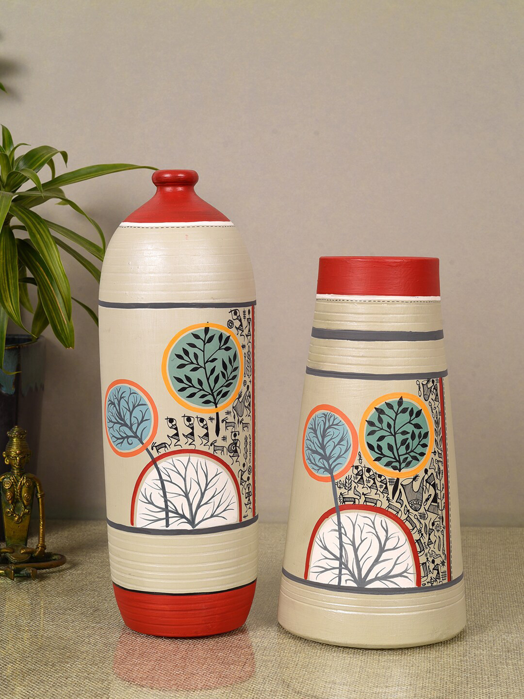AAKRITI ART CREATIONS Grey & Red 2-Pieces Redwood Groove Printed Terracotta Vases