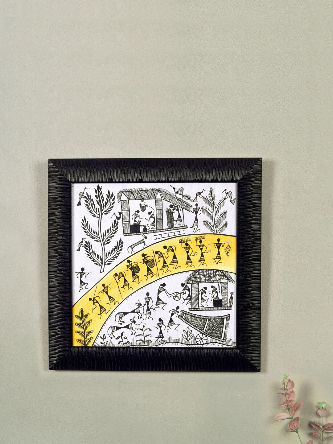 AAKRITI ART CREATIONS Black & Yellow Warli Processions Painting Framed Wall Art