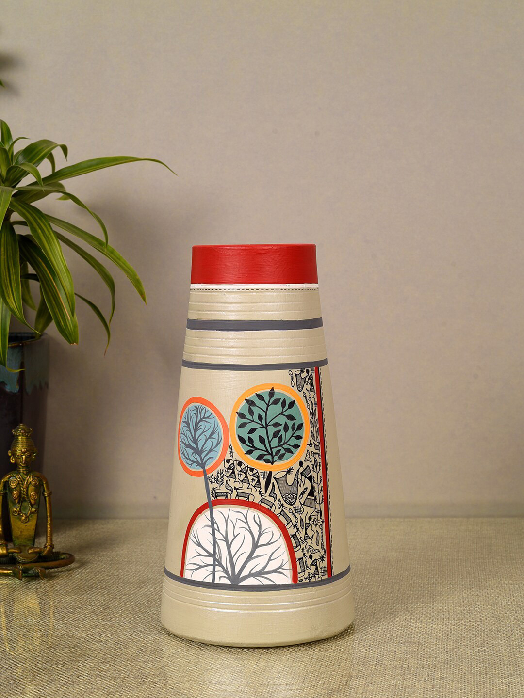AAKRITI ART CREATIONS Redwood Groove Grey & Red Printed Terracotta Pyramid Vase