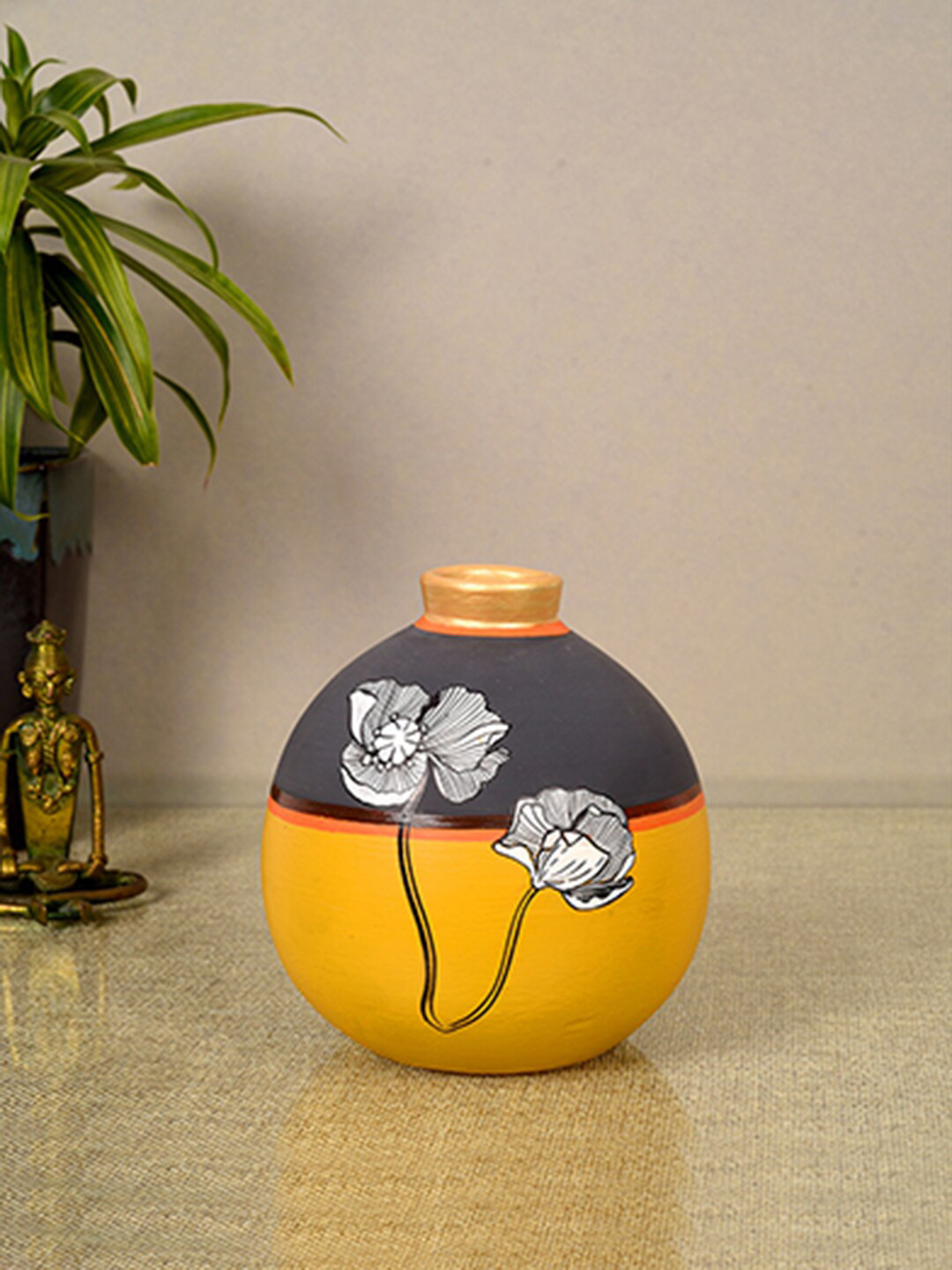 AAKRITI ART CREATIONS Sunset Flower Yellow & Blue Printed Terracotta Matki Vase