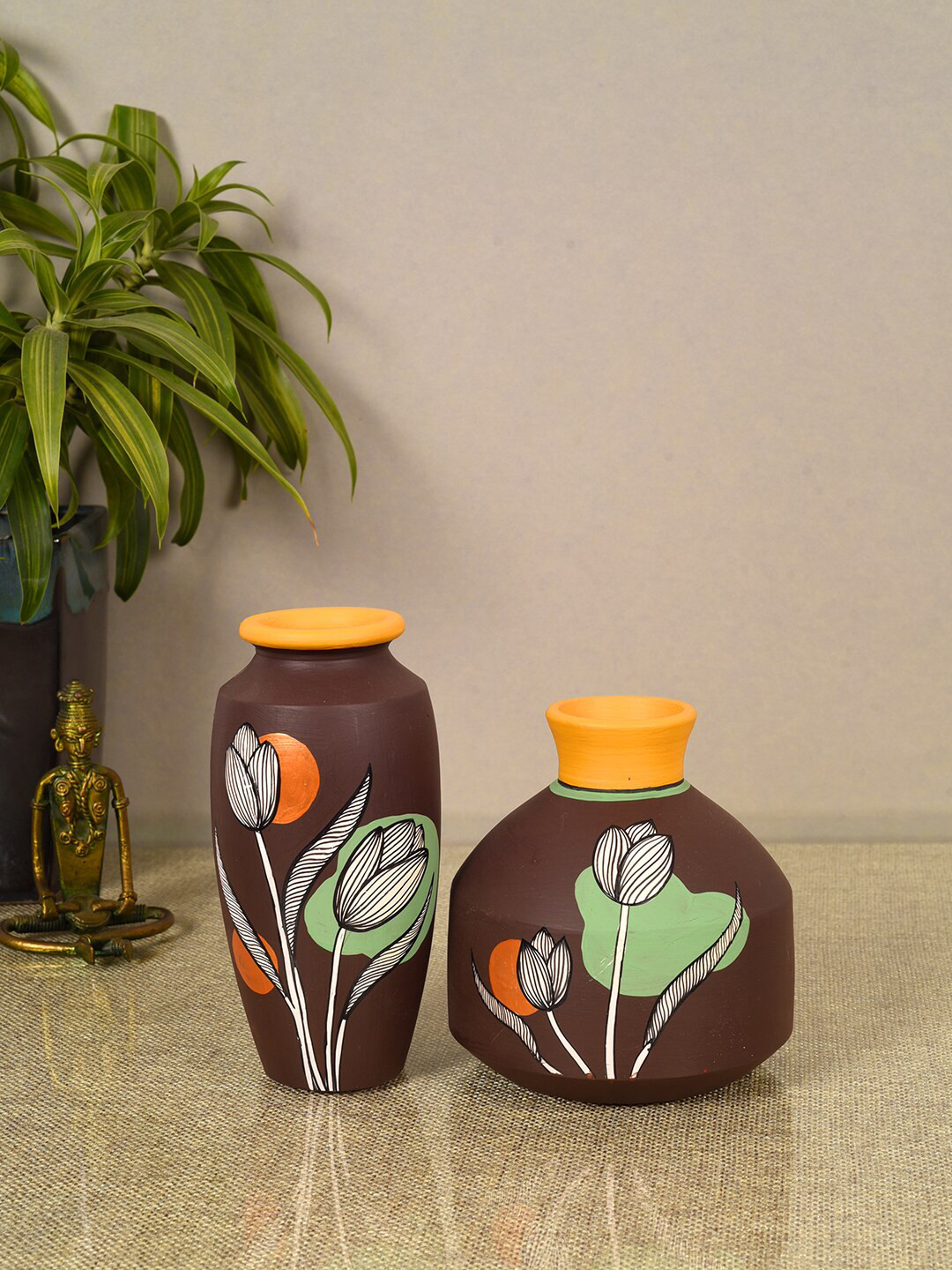 AAKRITI ART CREATIONS Autumn Hues 2-Pieces Brown & Yellow Floral Printed Terracotta Vases