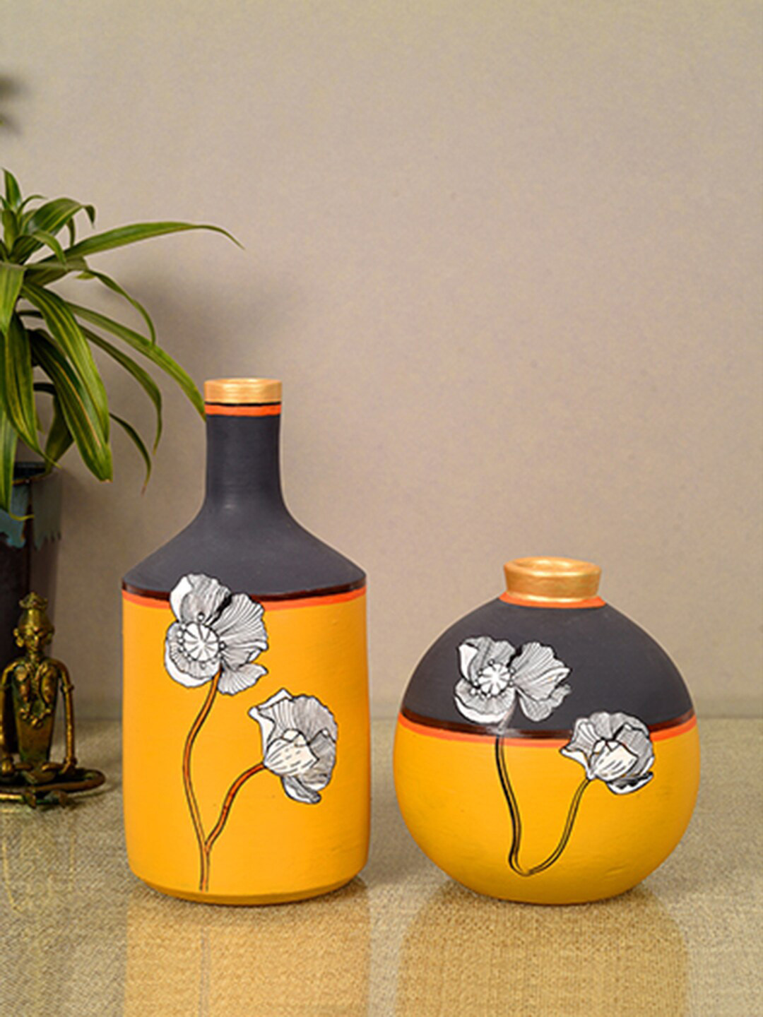 AAKRITI ART CREATIONS Sunflower Dreams Yellow & Blue 2 Pieces Printed Terracotta Vases