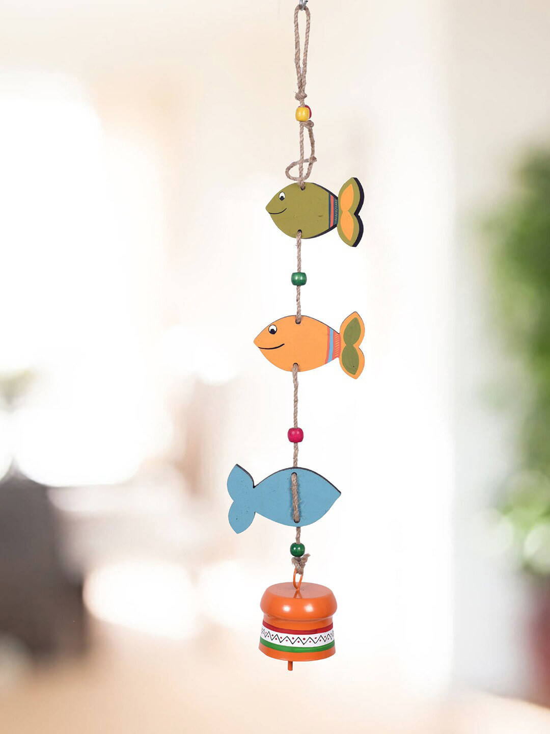AAKRITI ART CREATIONS Blue & Yellow Fish Trinity Painted Windchime