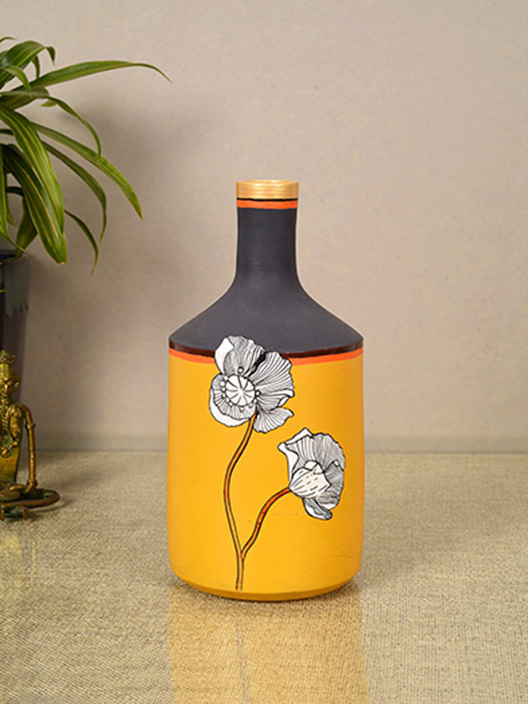 AAKRITI ART CREATIONS Sunset Flower Yellow & Blue Printed Terracotta Cone Vase