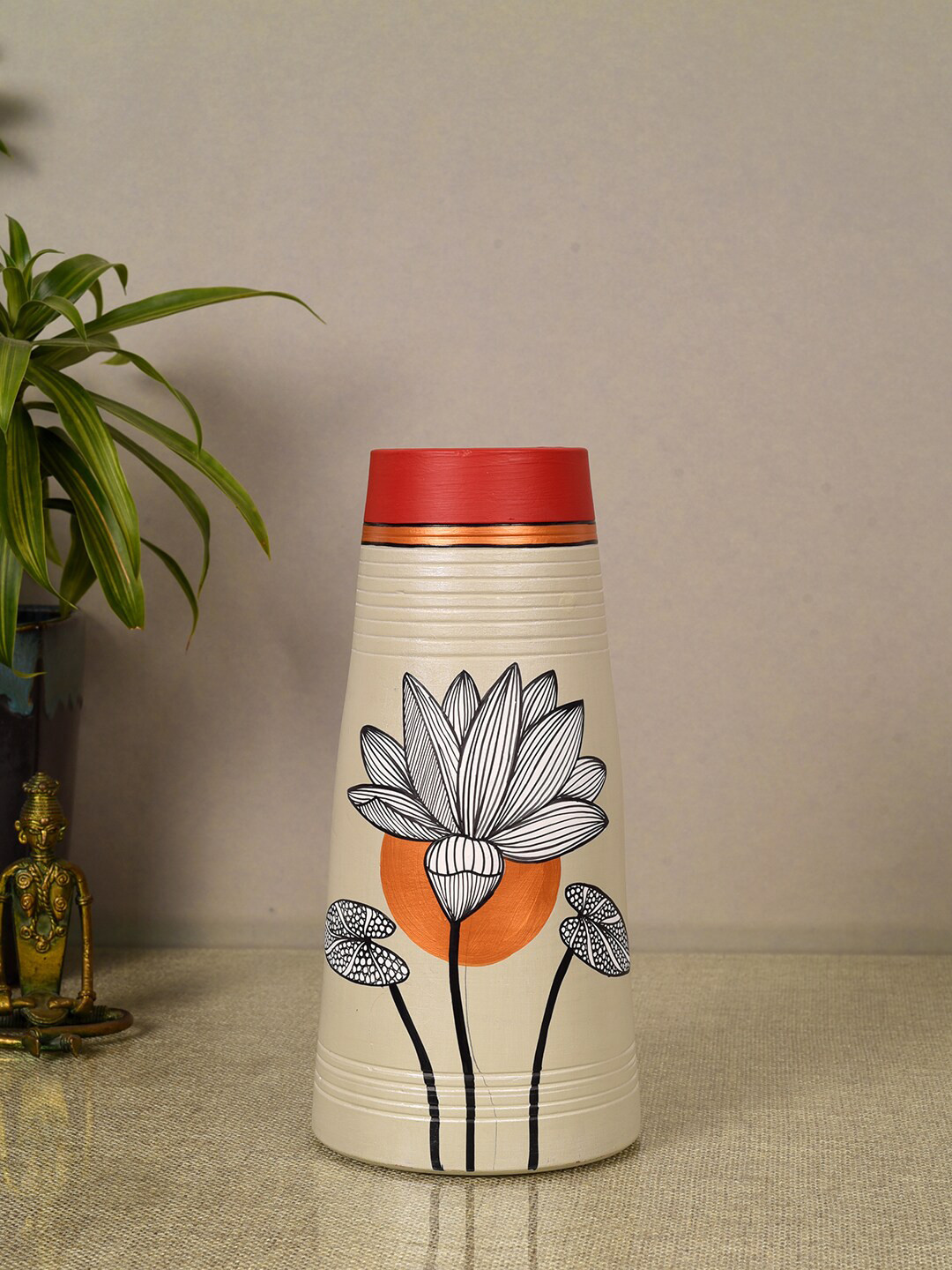 AAKRITI ART CREATIONS Crimson Heights Grey & Red Floral Printed Pyramid Shaped Terracotta