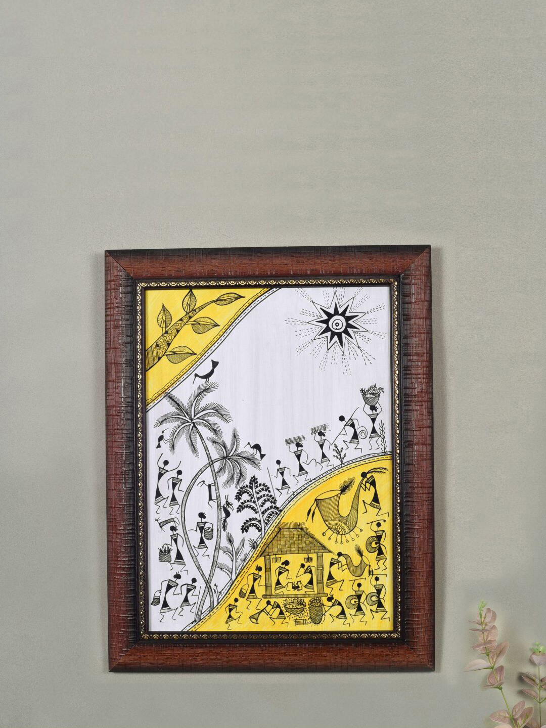 AAKRITI ART CREATIONS White & Yellow Warli Village Lifestyle Painting Wall Art