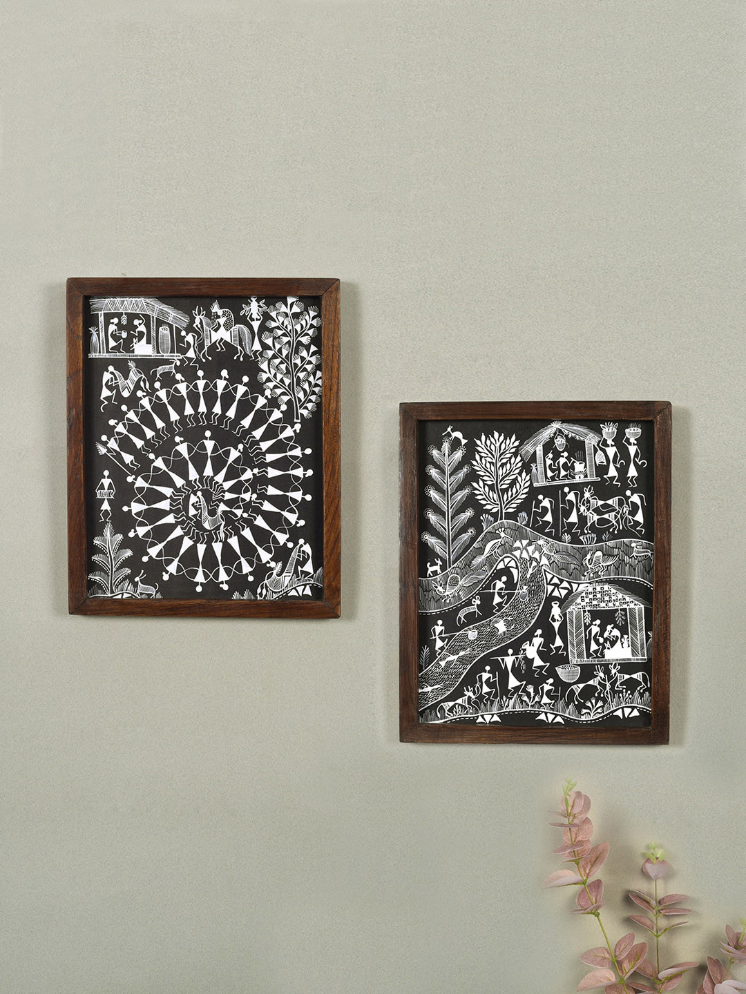 AAKRITI ART CREATIONS 2-Pcs Black & White The Life Of Warli Painting Wall Art
